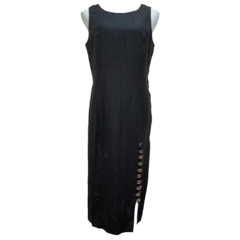 Vintage Linen Dress Medium 90's Black Lagenlook Sheath Sleeveless Resort Summer